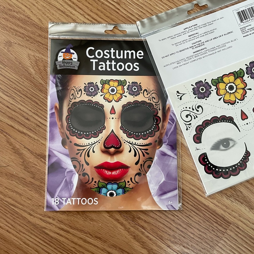 NEW Costume Tattoo Fun 18 tattoos to apply and they are removable sugar skull